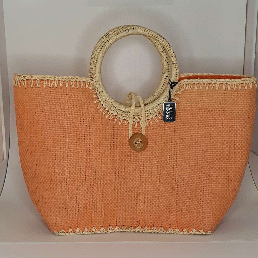 Straw Paper Handbag, Coral/Natural New w/ Tags